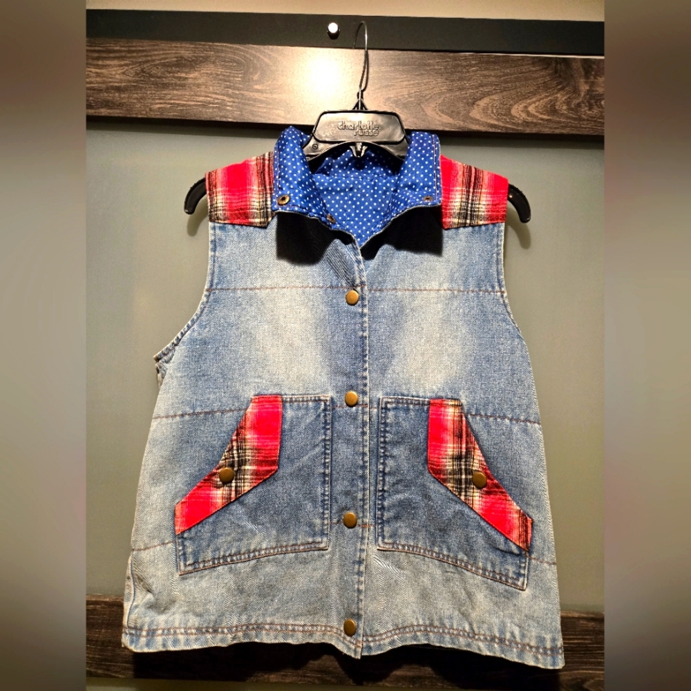 Plaid contrasted denim vest
